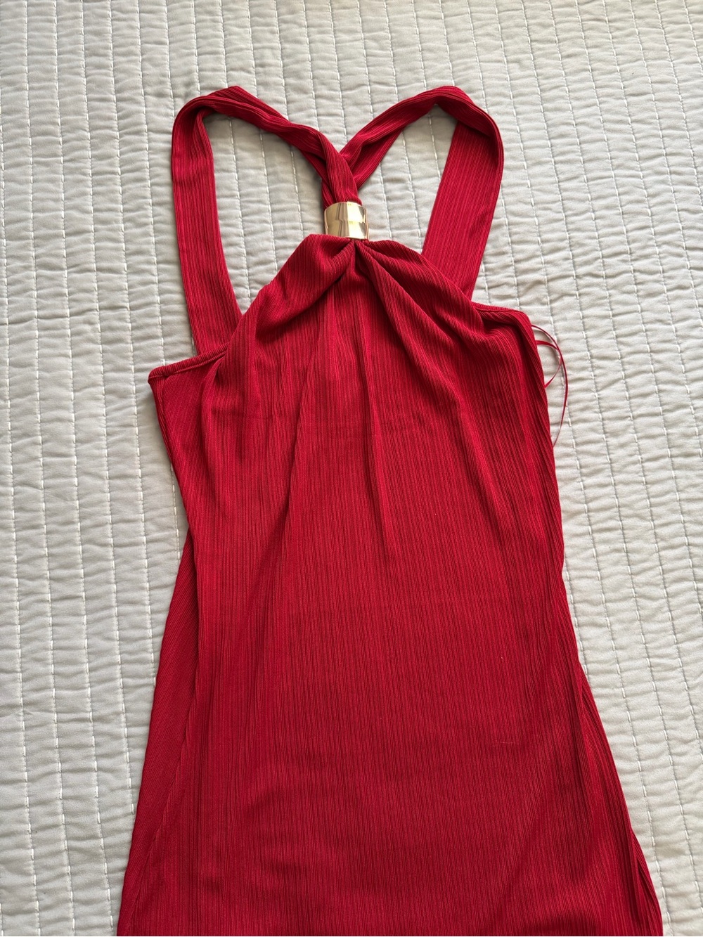 Lily Ribbed Halter Dress in Red with Gold Accent